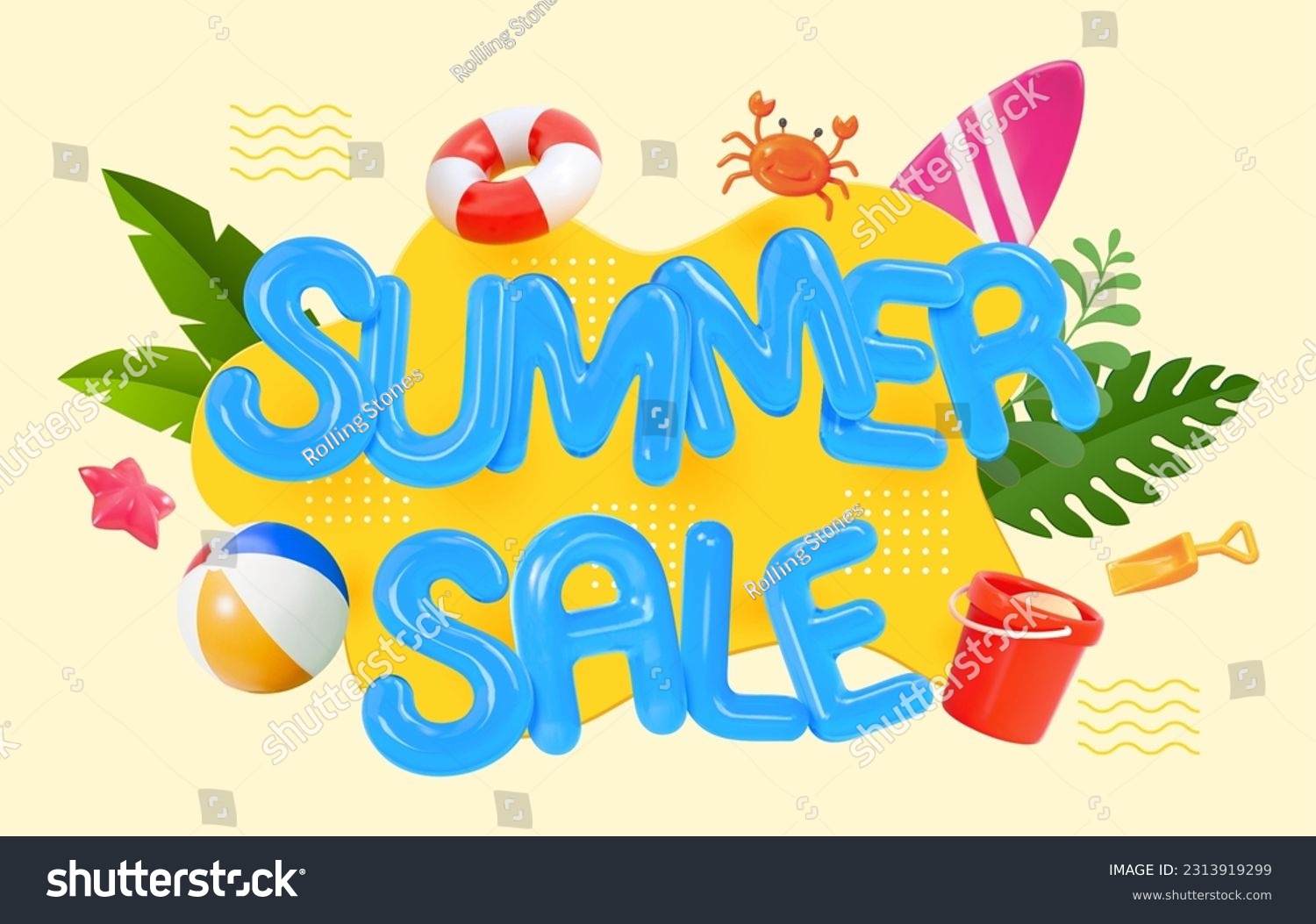 SVG of 3D illustrated summer sale balloon text surrounded by summer beach vacation elements on light yellow background. svg