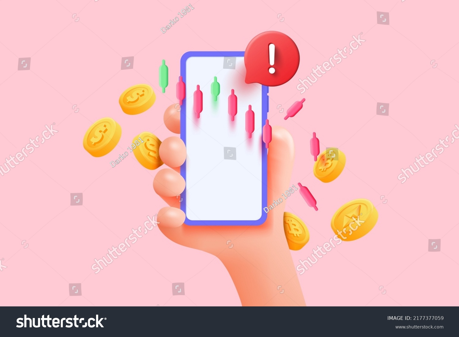 SVG of 3D Illustration downtrend candle sticks with warning on mobile phone holding hand. Downtrend stock and crypto currency investment situation concept. 3d Vector Illustration svg