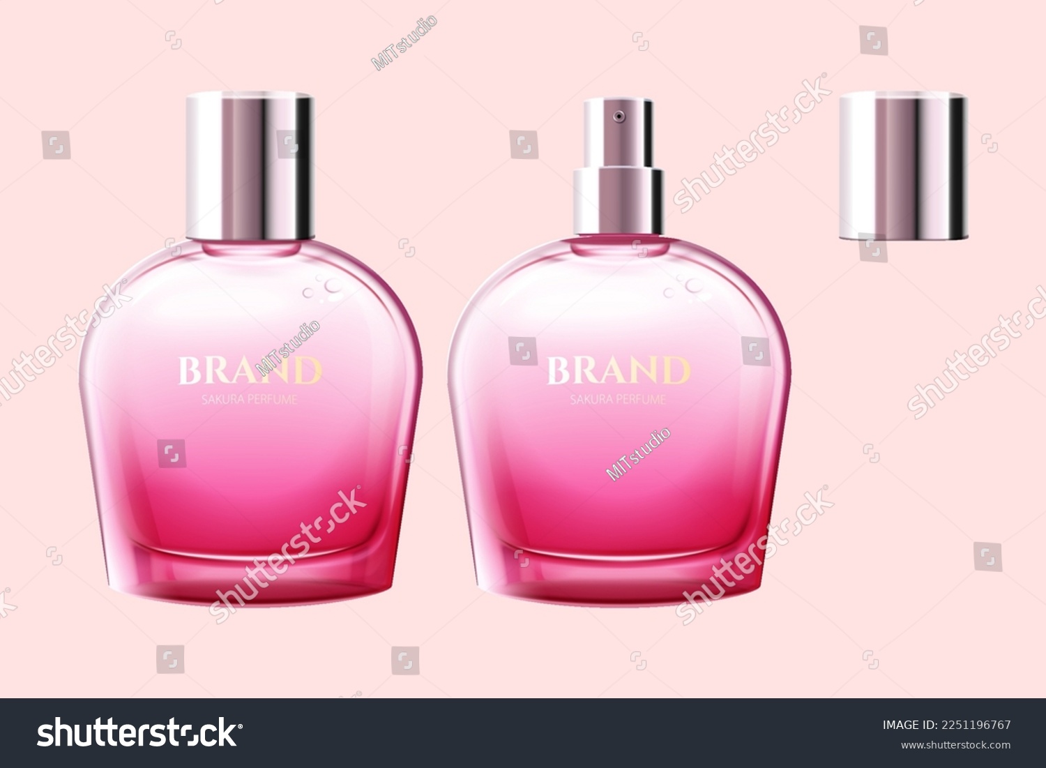 SVG of 3D illustration of beauty product mockup. Pink transparent perfume spray glass bottle with steel cap isolated on light pink background. svg