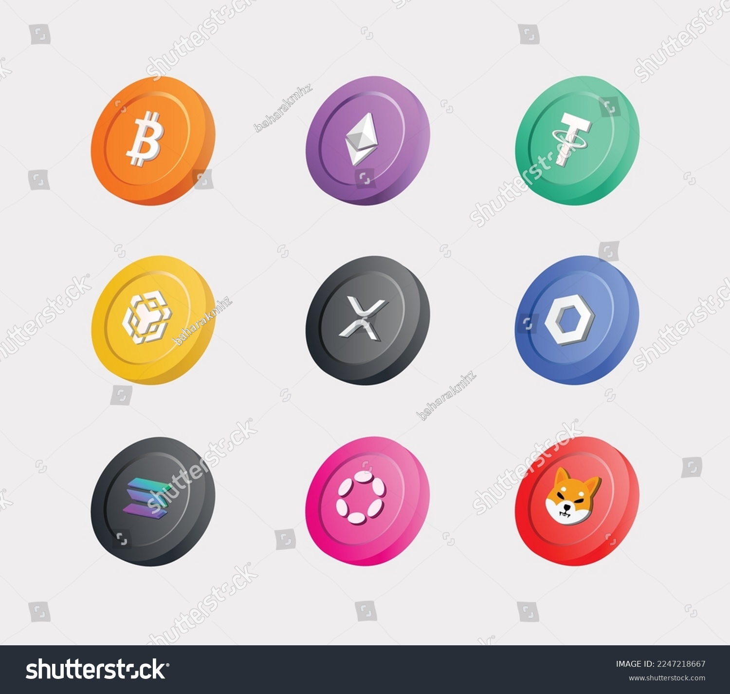 SVG of 3d illustration of cryptocurrency coin set . Bitcoin-BTC, Ethereum-ETH, Tether-USDT,Binance Coin-BNB, XRP-XRP, Chainlink-LINK , Solana-SOL , Polkadot-DOT , Shiba ino-SHIB svg