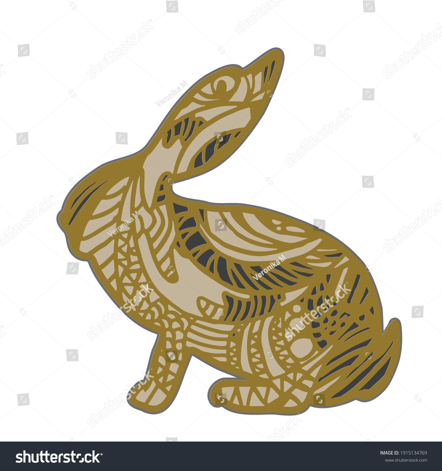 SVG of 3D layered mandala bunny illustration. Golden and grey svg