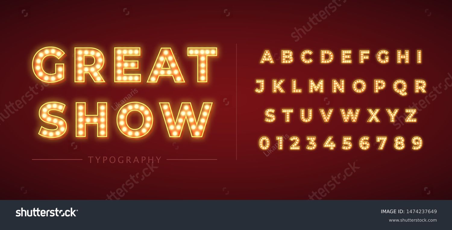 SVG of 3d light bulb alphabet with red frame isolated on dark red background. Broadway show style retro glowing font. Vector illustration. svg