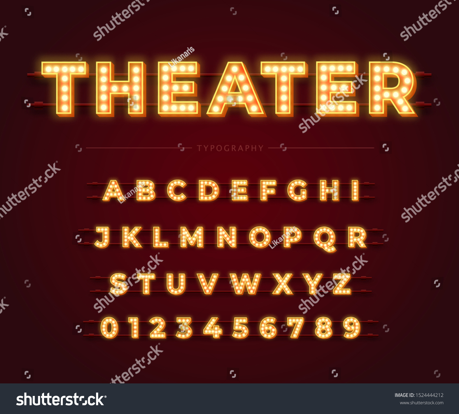 SVG of 3d light bulb alphabet with red frame isolated on dark red background. Theater style retro glowing font. Vector illustration. svg