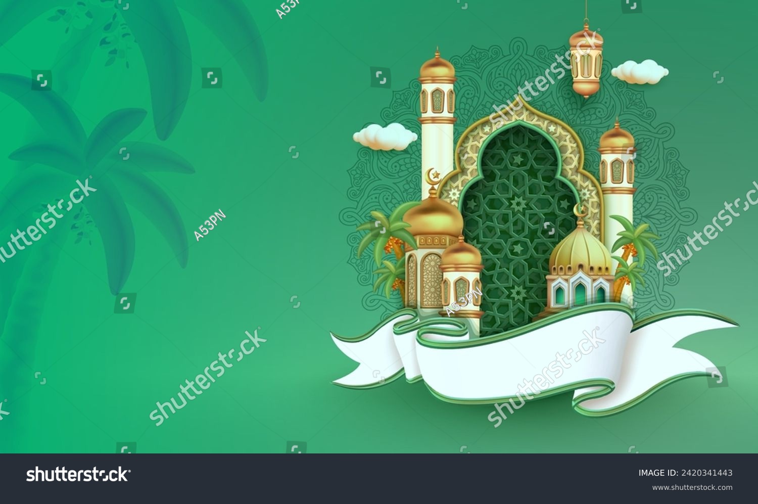 SVG of 3d modern Islamic holiday banner in abstract green design. islamic greetings ramadan and Eid al Fitr card design template background with beautiful concept of arabesque ornament. svg
