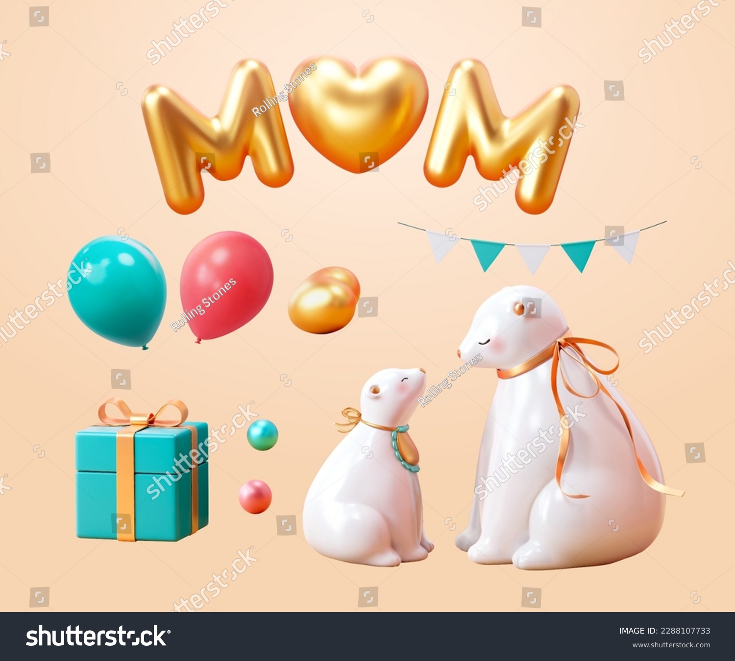 SVG of 3D party decoration element set isolated on light beige background. Including balloons, gift box, garland, sphere decorations, and porcelain polar bears. Suitable for mother's day. svg