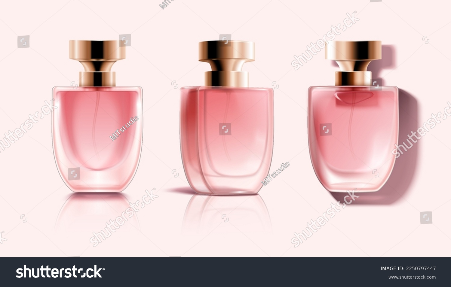 SVG of 3D Perfume glass bottle mockup. Pink transparent perfume spray glass bottles with bronze caps isolated on light pink background. svg