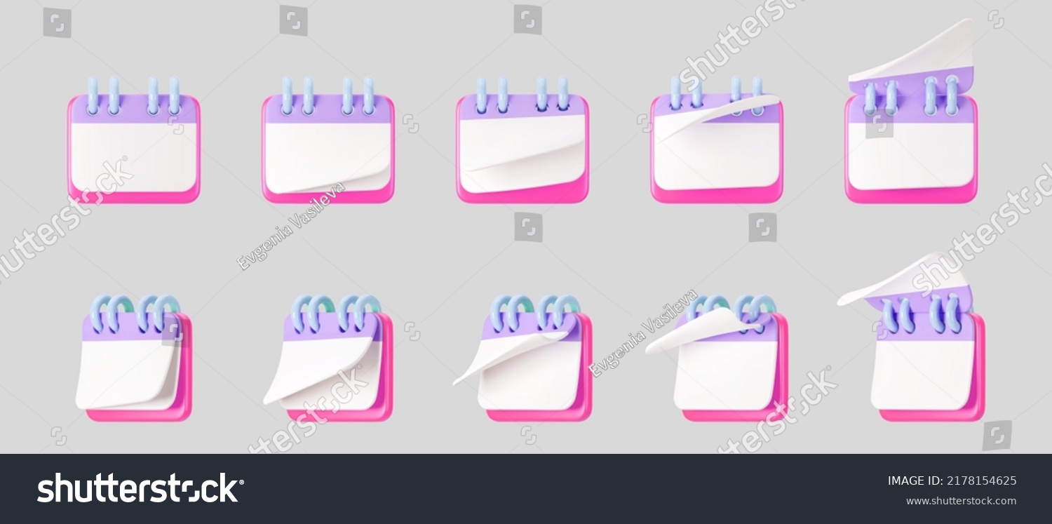SVG of 3d pink calendar icons with flipping pages and rings isolated on gray background. Render of daily schedule planner. Calendar events plan, work planning concept. 3d cartoon simple vector illustration svg