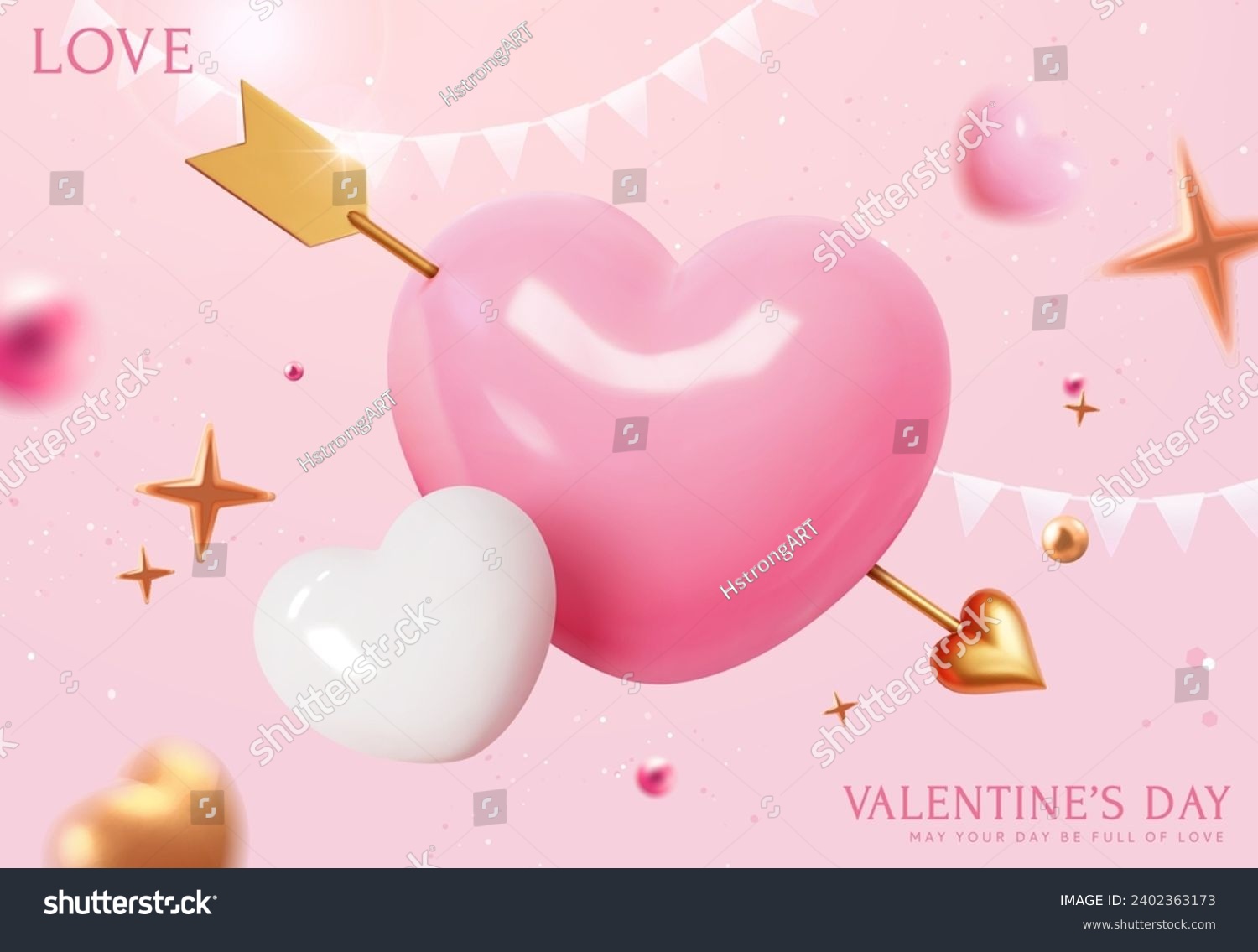SVG of 3D pink heart with golden arrow on light pink background with hearts and festive decors. svg