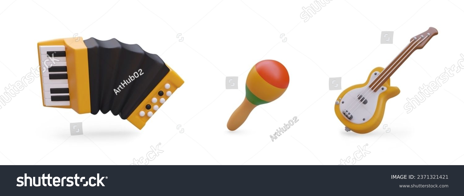 SVG of 3d realistic accordion, maracas and electric guitar. Advertising poster for musical instrument shop. Creating music and hobby. Vector illustration in yellow colors svg