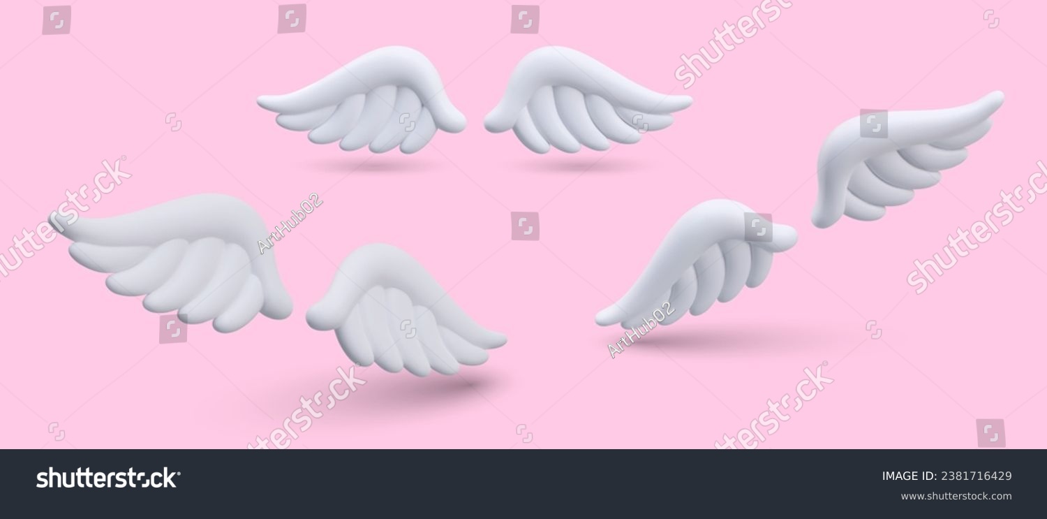 SVG of 3d realistic angel wings in different positions on pink background with shadow. Concept of sale. White cute wings of animal. Vector illustration in 3d style svg