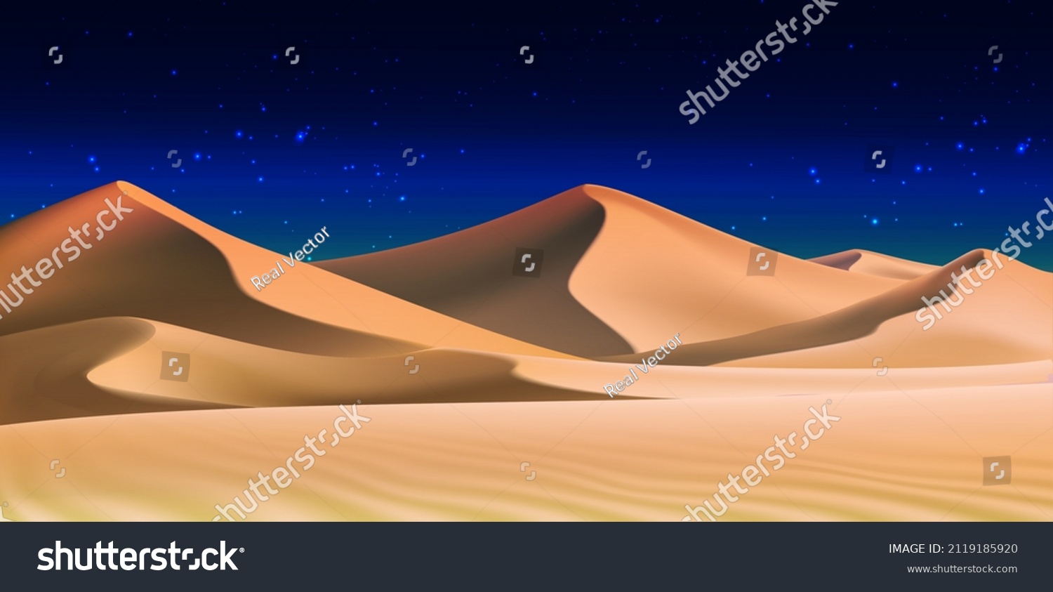SVG of 3d realistic background of sand dunes in the night. Desert landscape with dark blue sky. svg