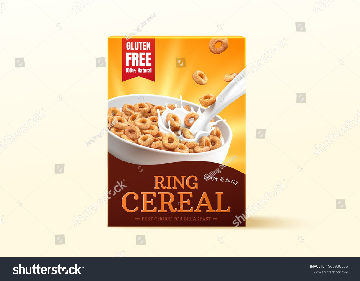 SVG of 3d realistic carton box package design for ring cereals or cheerios. Product mock up isolated on light yellow background. svg