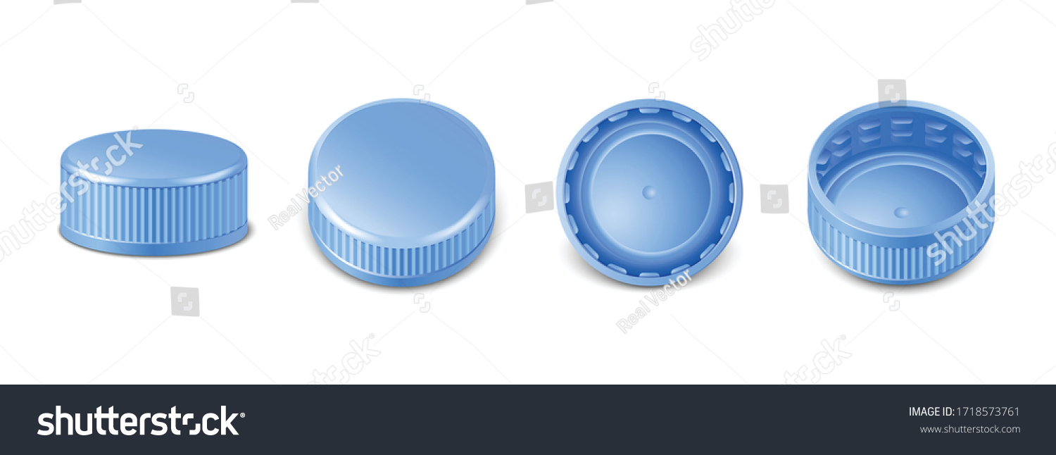 SVG of 3d realistic collection of blue plastic bottle caps in side, top and bottom view.  Mockup with pet screw lids for water, beer, cider of soda. Isolated icon illustration.  svg