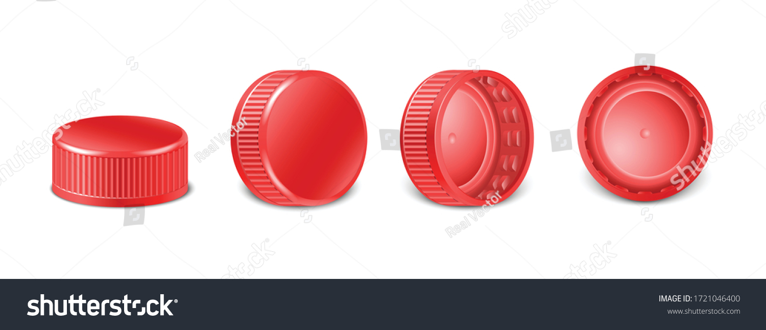 SVG of 3d realistic collection of red plastic bottle caps in side, top and bottom view.  Mockup with pet screw lids for water, beer, cider of soda. Isolated icon illustration.  svg