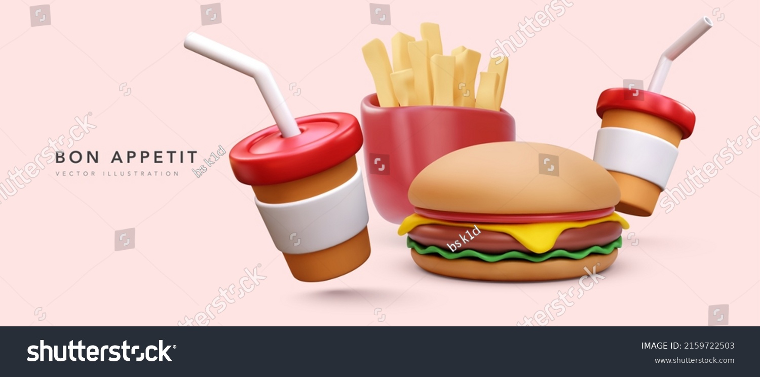 SVG of 3d realistic render fast food banner with French fries and burger. Vector illustrator svg