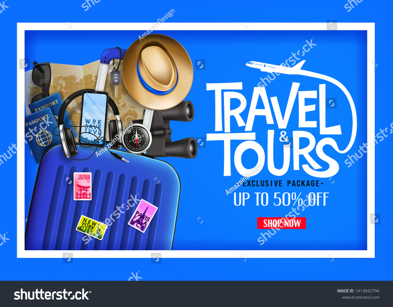 SVG of 3D Realistic Travel & Tours Ads Banner in Blue Background with Blue Traveling Bag and other Elements. For Promotional Purposes
 svg