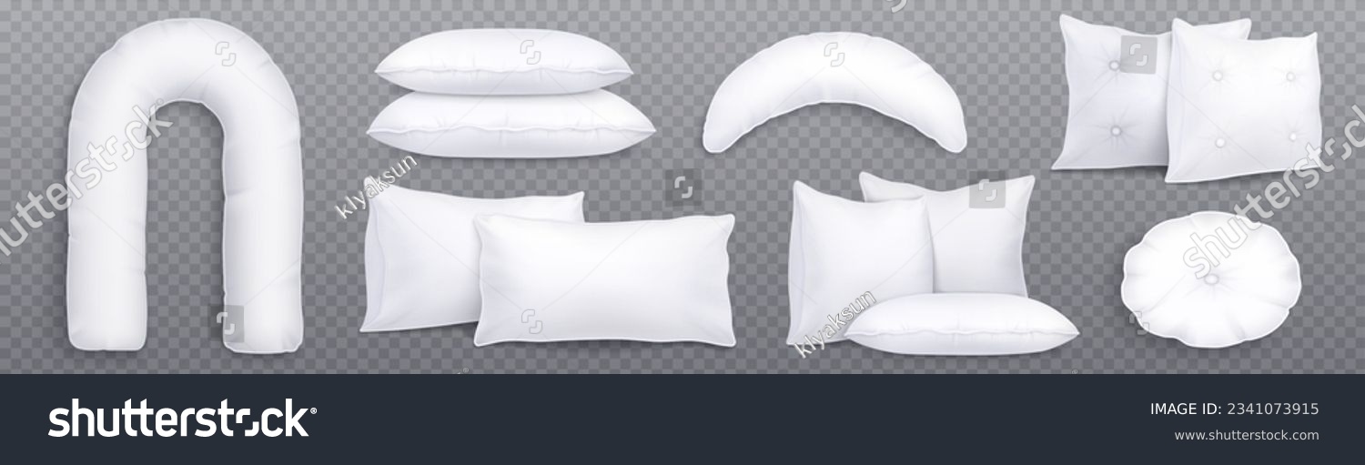 SVG of 3d realistic white long pregnancy body pillow isolated mockup. Cushion and meditation soft comfort pillowcase set rectangular and circle shape. Bed or sofa fluffy textile design front and side view svg