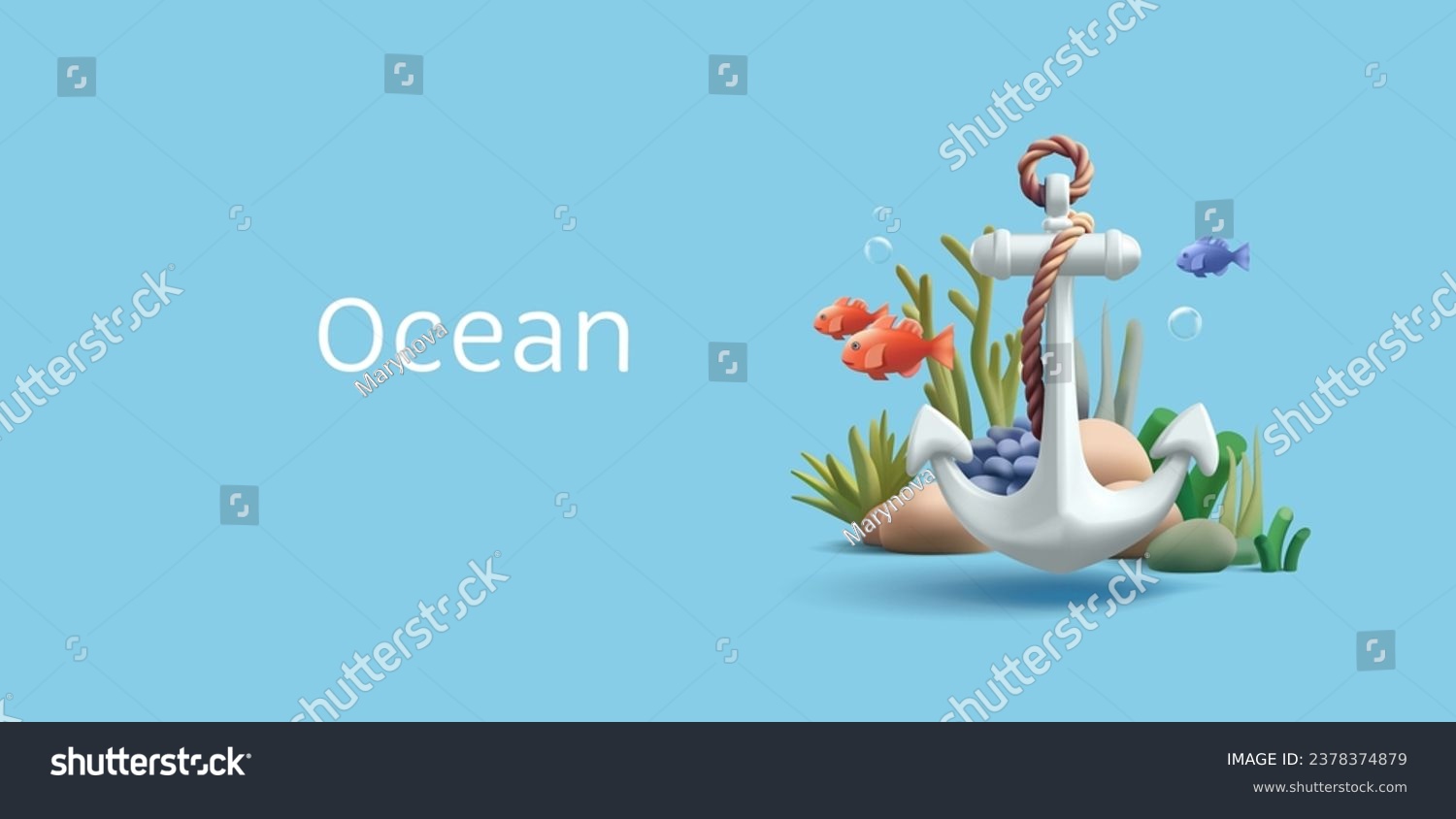 SVG of 3d render illustration of underwater coral reef with fish and sailing anchor, cartoon diving or snorkeling composition in blue water svg