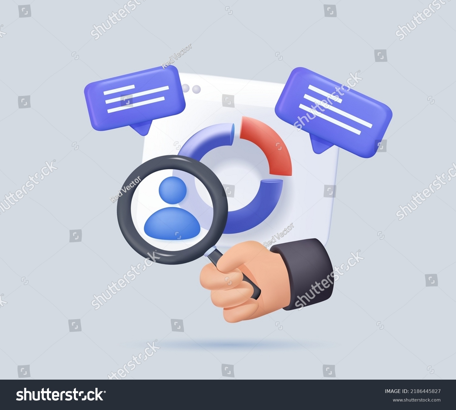 SVG of 3D render Marketing analitics and development illustration. Taking part in business activities. Magnifying glass, zoom, customer review. Know your customer. Business statistics graph. 3D Trendy vector svg