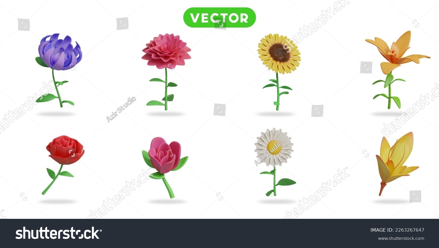 SVG of 3d rendering. Flowers in spring and summer icons set on a white background Cremon flower, dahlia flower, sunflower, tiger lily, rose, tulip, daisy, lily svg