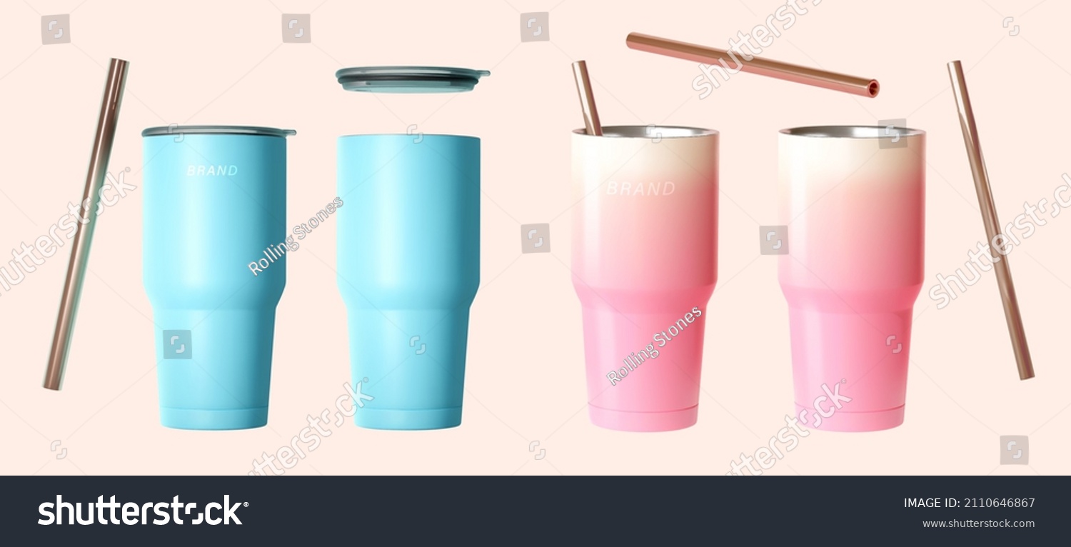 SVG of 3D Rendering tumbler bottle mockups in blue and pink colors with lids and stainless straws svg
