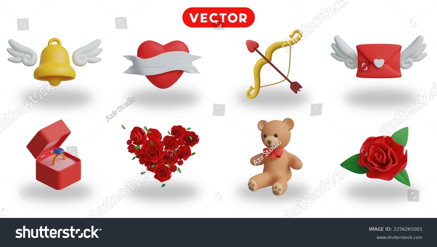 SVG of 3d rendering. Valentine's Day icons set on a white background winged bell, heart tag,  bow, winged letter, wedding ring box, heart-shaped bouquet, teddy bear, rose. svg