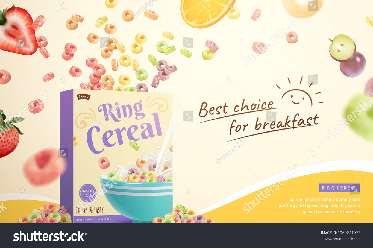 SVG of 3d ring cereal breakfast ad promo banner. Ring cereals and fruit slices flying from package box. svg