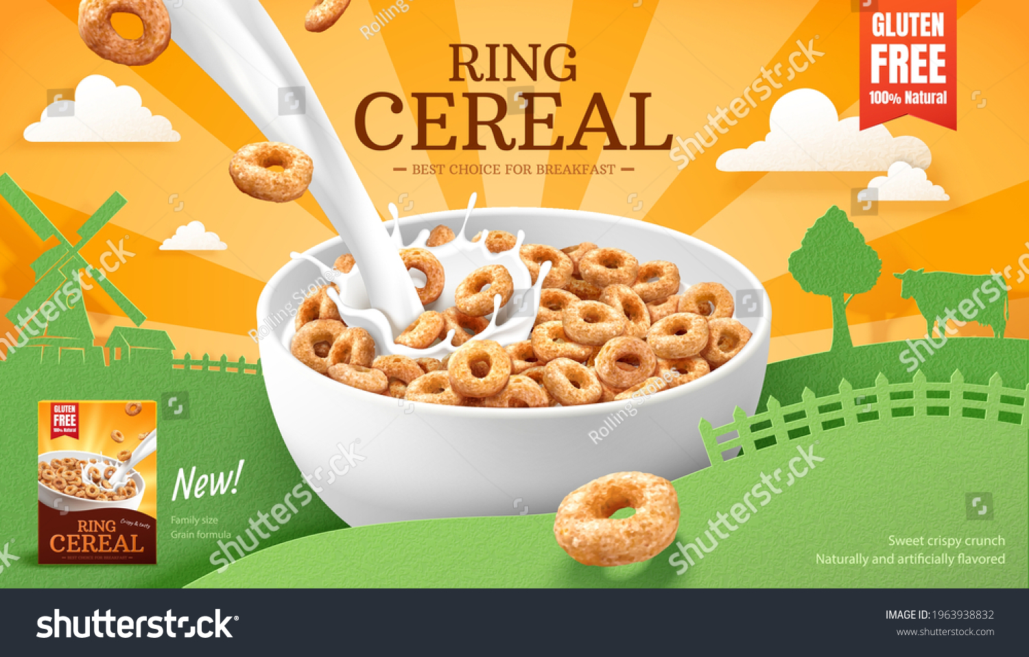 SVG of 3d ring cereals or cheerios ad template. A bowl of cereals with pouring milk splashes. Paper cut farm landscape silhouette background. Concept of healthy breakfast. svg
