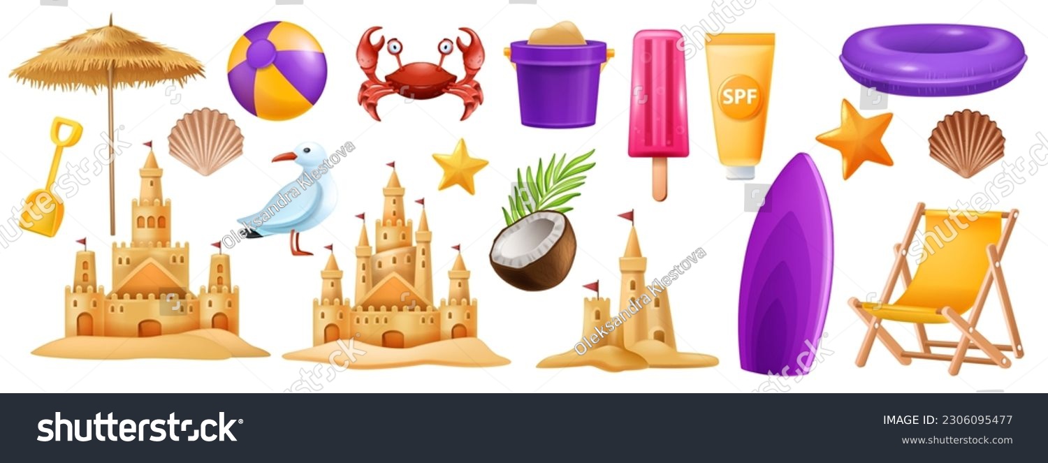 SVG of 3D sand castle set, beach summer vacation vector clipart kit, kid bucket, red crab, starfish, ball. Cartoon ocean sea shore tower, tropical season object, gull, shell, children game. Coast sand castle svg