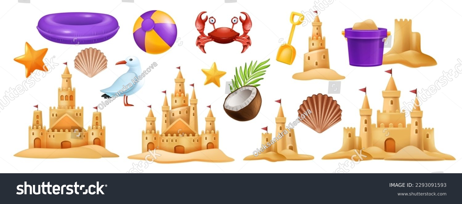 SVG of 3D sand castle set, summer beach vacation vector clipart kit, kid bucket, red crab, starfish, ball. Cartoon ocean sea shore tower, tropical season object, gull, shell, children game. Coast sand castle svg