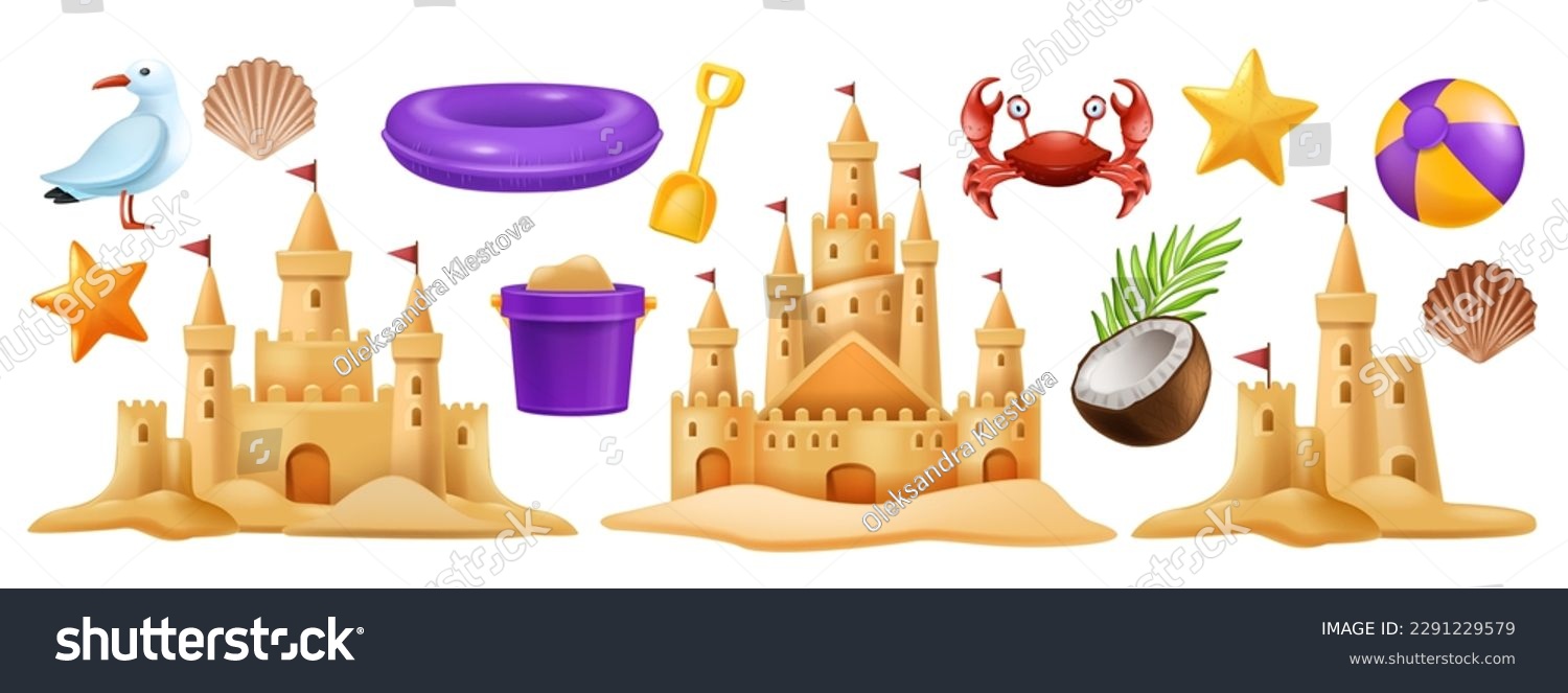 SVG of 3D sand castle set, vector summer beach vacation clipart kit, kid bucket, red crab, starfish, ball. Cartoon ocean sea shore tower, tropical season object, gull, shell, children game. Coast sand castle svg