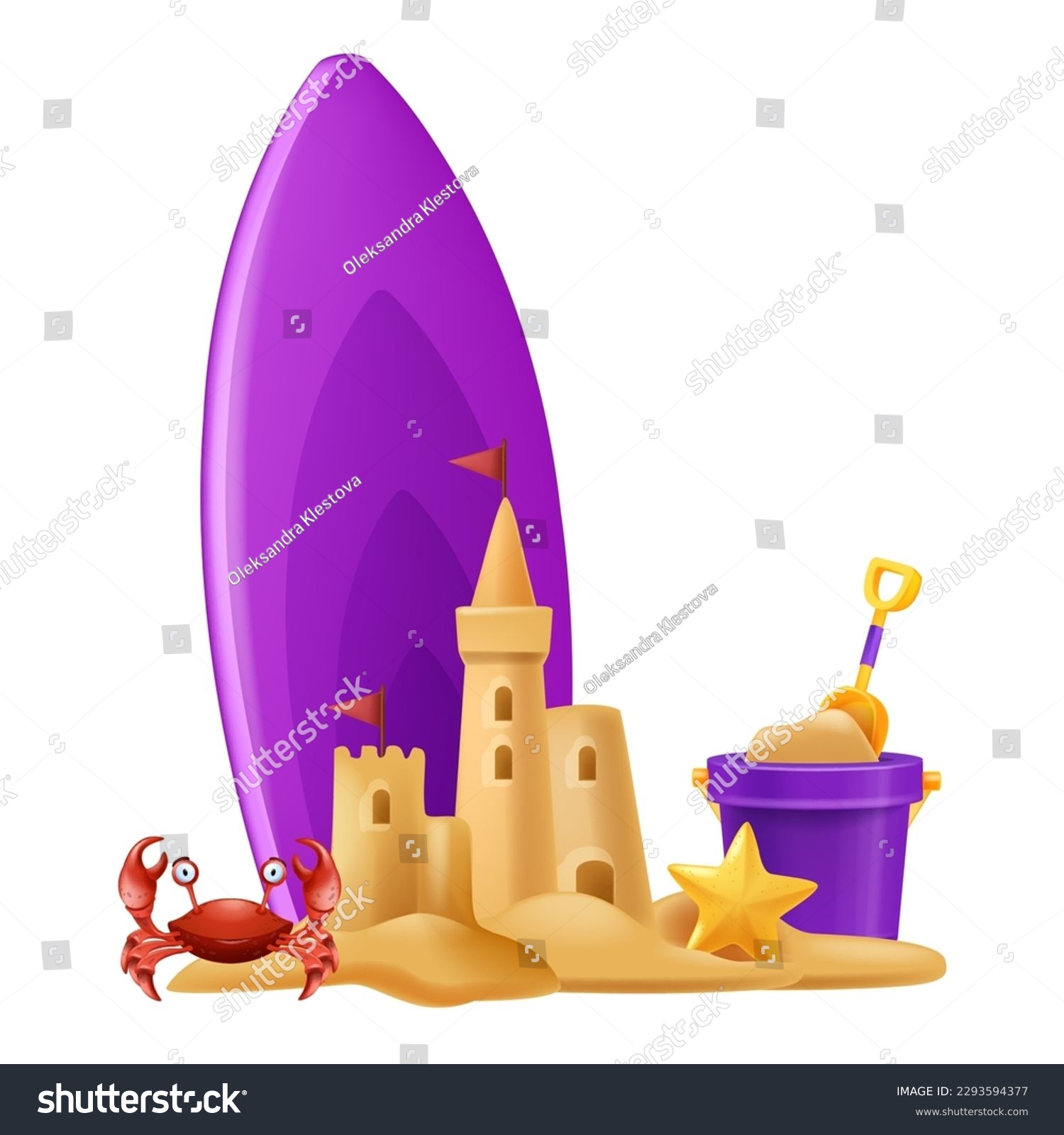 SVG of 3D sand castle summer illustration, beach kids vector vacation building, bucket, shovel, crab. Cartoon travel architecture medieval house, children outdoor tropical game. Sand castle shore clipart svg