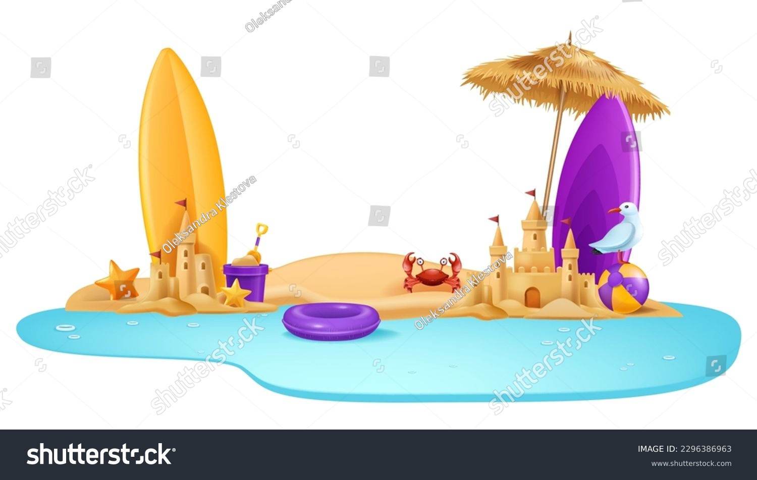 SVG of 3D sand castle, vector summer beach clipart, cartoon ocean shore, exotic sea holiday vacation. Children tropical game tower, sun umbrella, surfboard, seaside crab bucket. Yellow sand castle season svg
