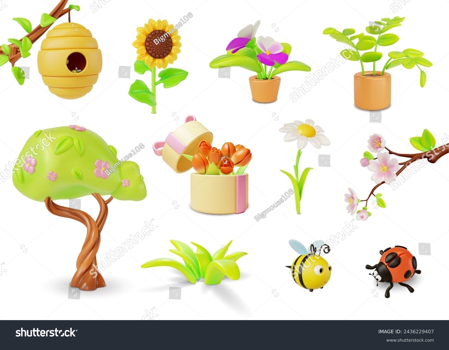 SVG of 3d Spring Set Cartoon Style Blooming Tree , Bee, Ladybug Insect, Butterfly, Sakura Branch and Pansies Flowerpot. Vector illustration svg