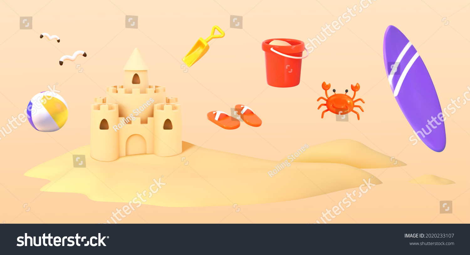 SVG of 3d summer beach objects. Illustration of sand castle, sandcastle tool kit and surfboard, etc. svg