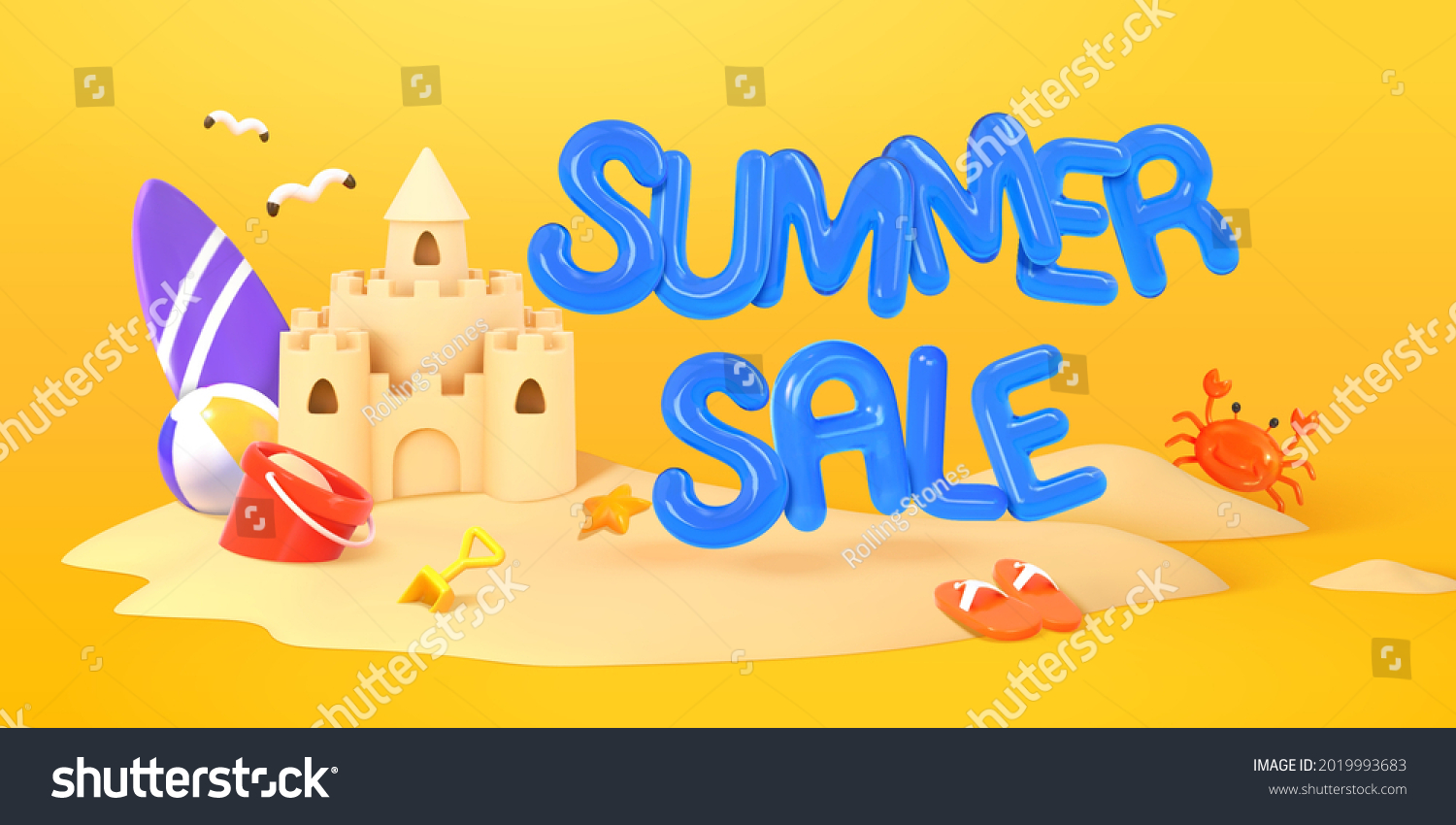 SVG of 3d summer sale banner. Illustration of sand castle with beach objects and balloon text of summer sale on yellow background svg