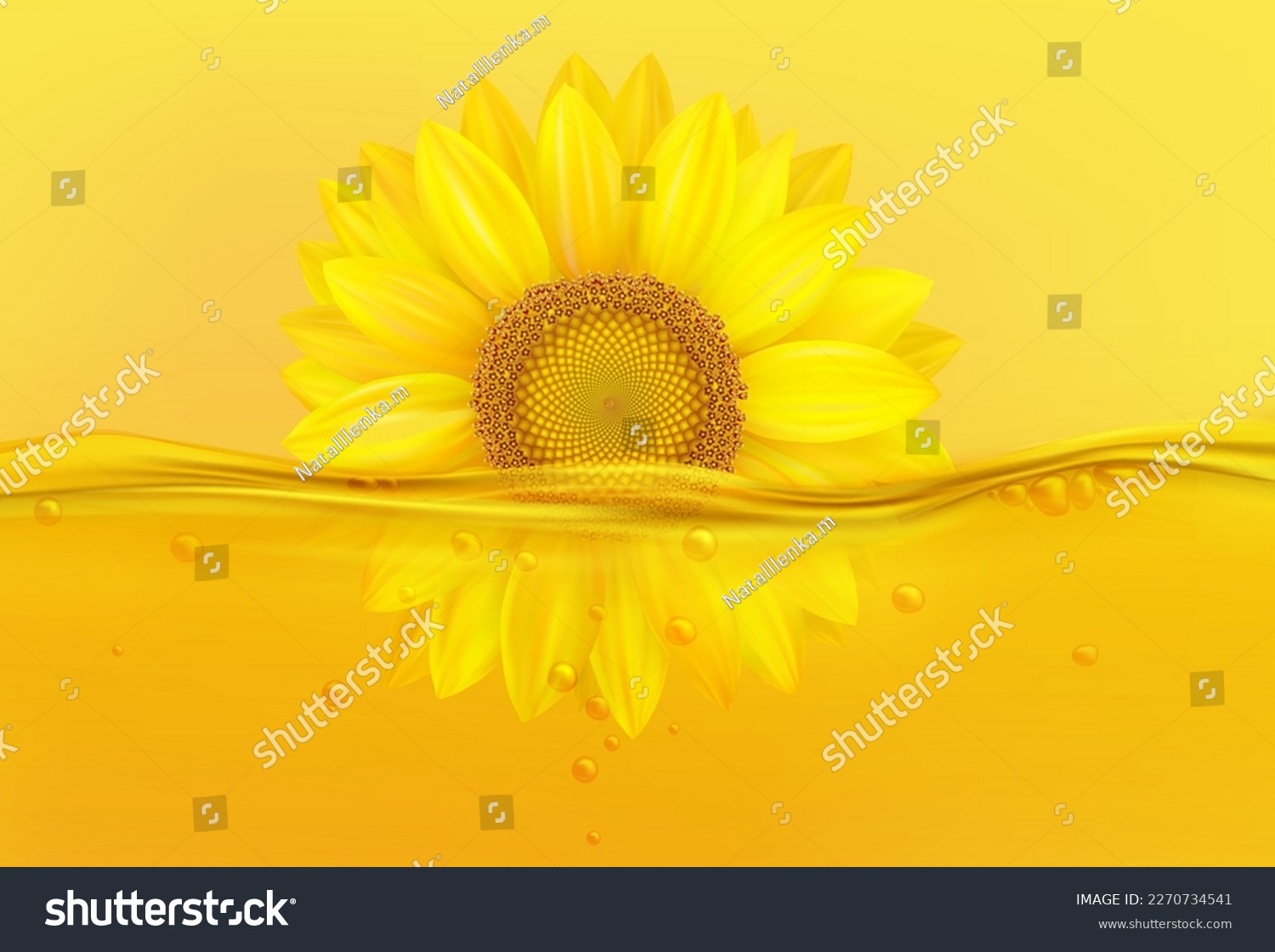 SVG of 3d sunflower oil, natural flower in liquid. Realistic agriculture plant for cook or oiling, gold natural food objects, supermarket posters and products labels. Vector realistic neoteric background svg