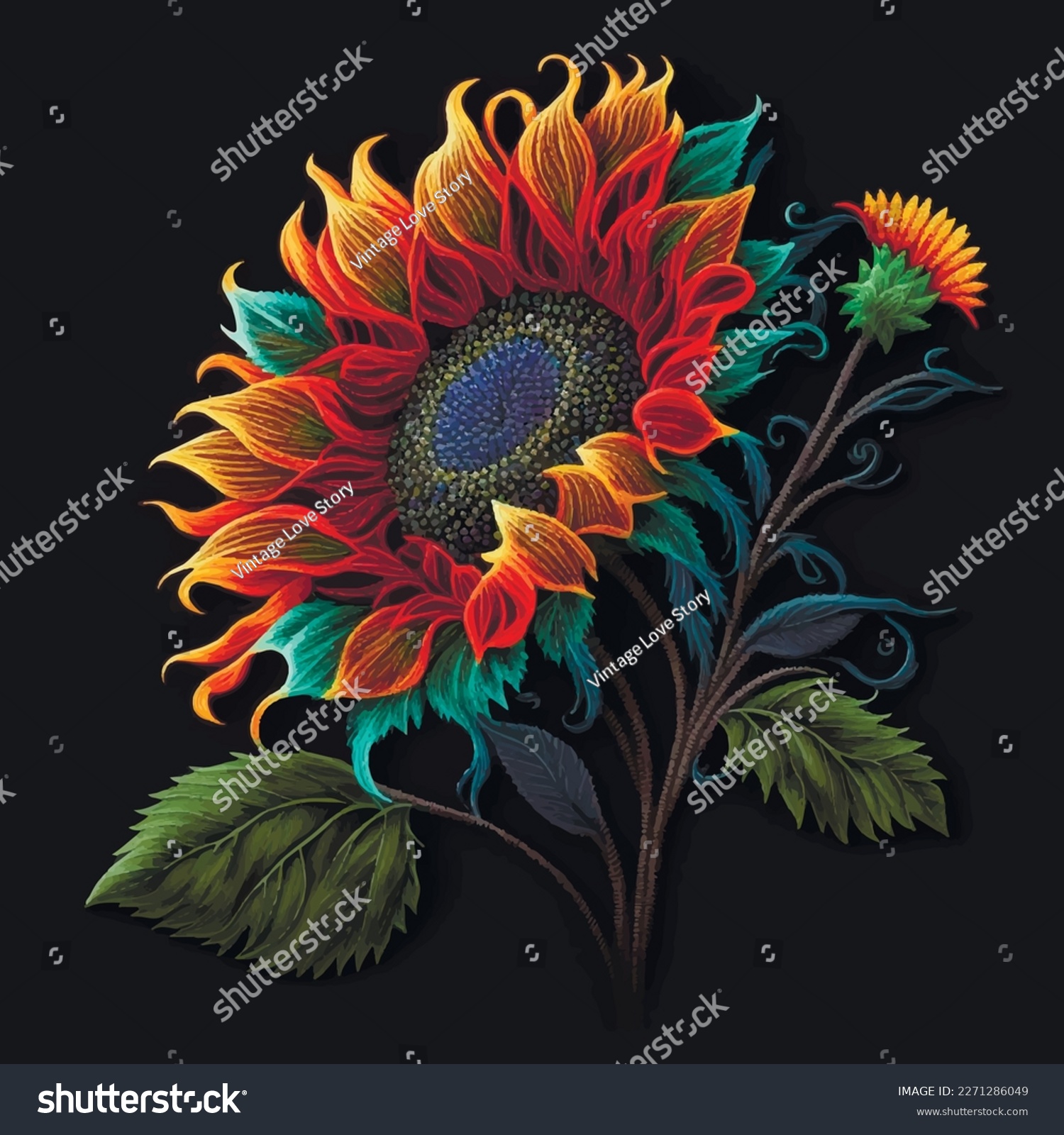 SVG of 3d sunflower. Tapestry bright sunflower, buds, leaves pattern. Embroidery floral vector background illustration with beautiful stitch textured sunflowers. Surface stitching texture. For decor, prints. svg