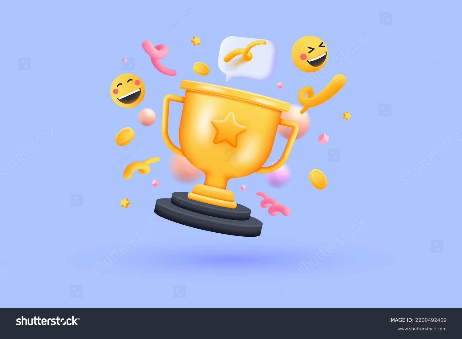 SVG of 3D Trophy cup with floating chat box, emoji, ribbon and geometric shapes on purple background. Celebration, winner, champion and reward concept. 3d vector illustration svg