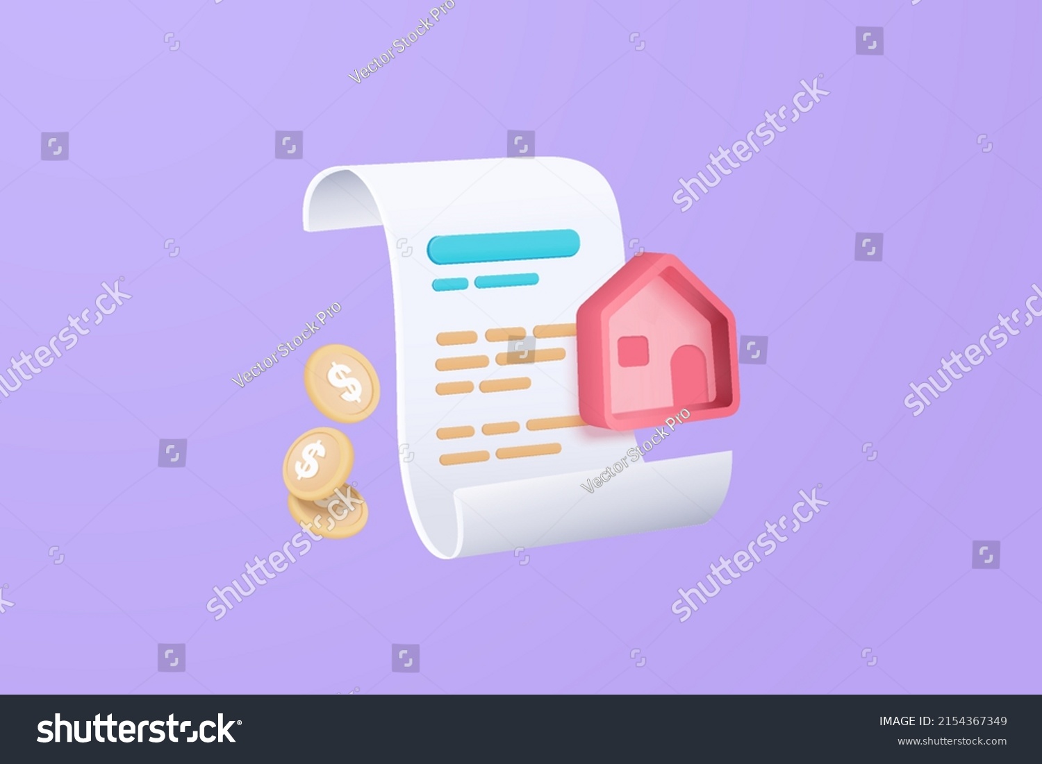 SVG of 3D vector bill with home for payment transaction with money coin. Business house financing invoice bill expenses idea 3d concept. 3d cartoon render paper receipt for financing bill purple background svg