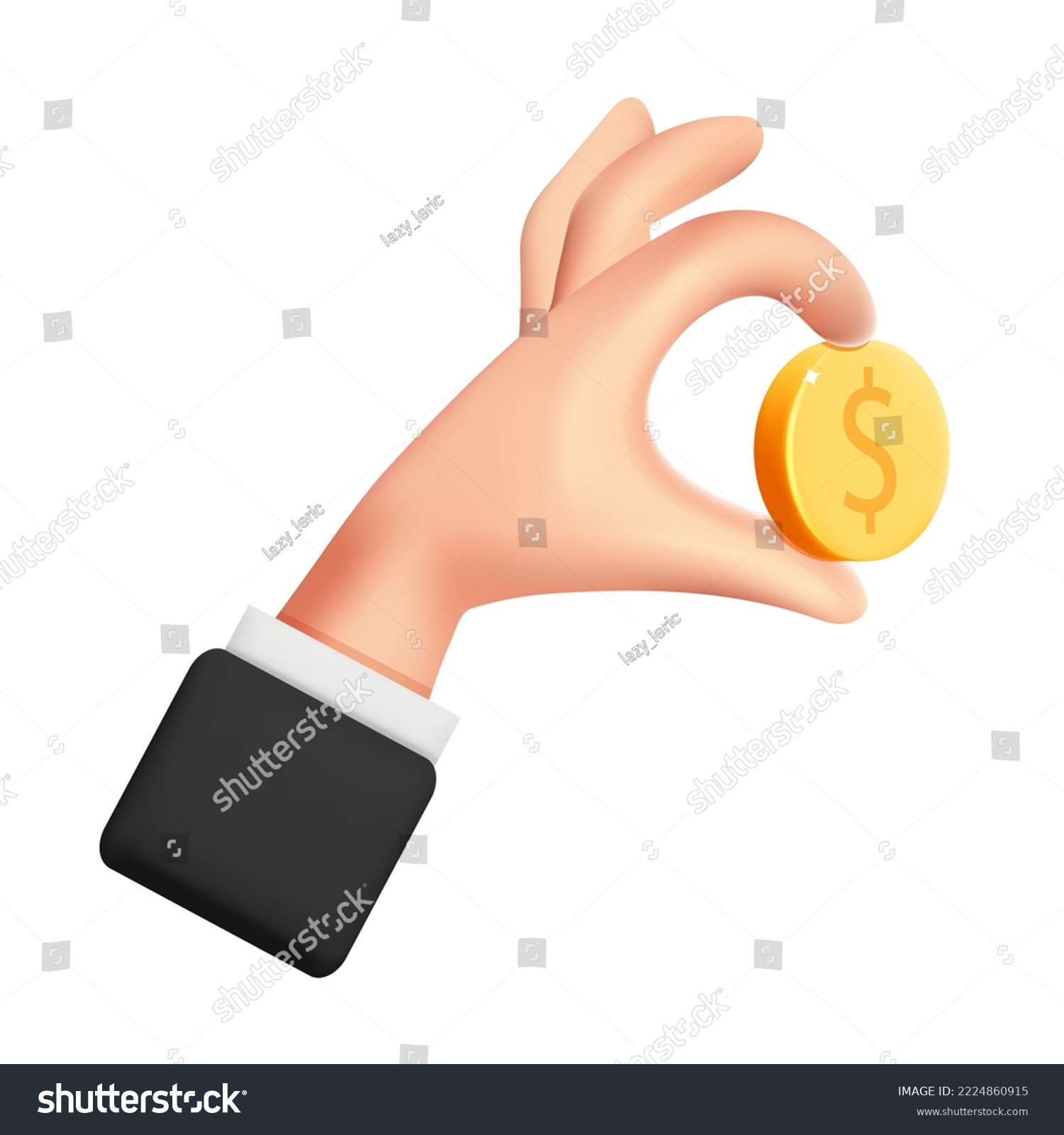 SVG of 3d vector realistic render man hand dollar coin design illustration. Two finger holds gold money isolated on white background. Business, online payment,  investment, income, give save money concept. svg