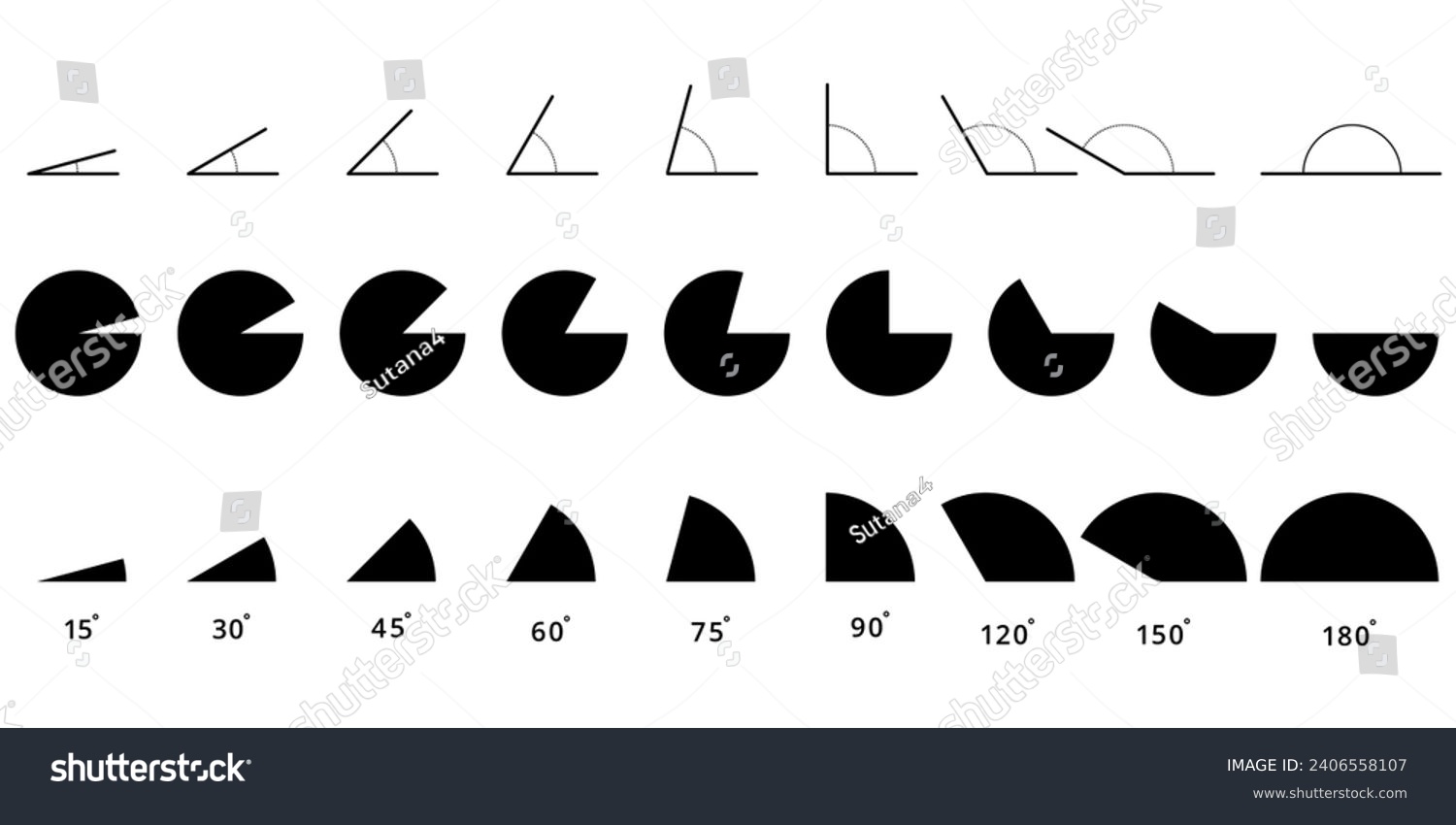 SVG of 15,30,45,60,75,90,120,150,180 degree icon set.degree of arc and pie chart icon svg
