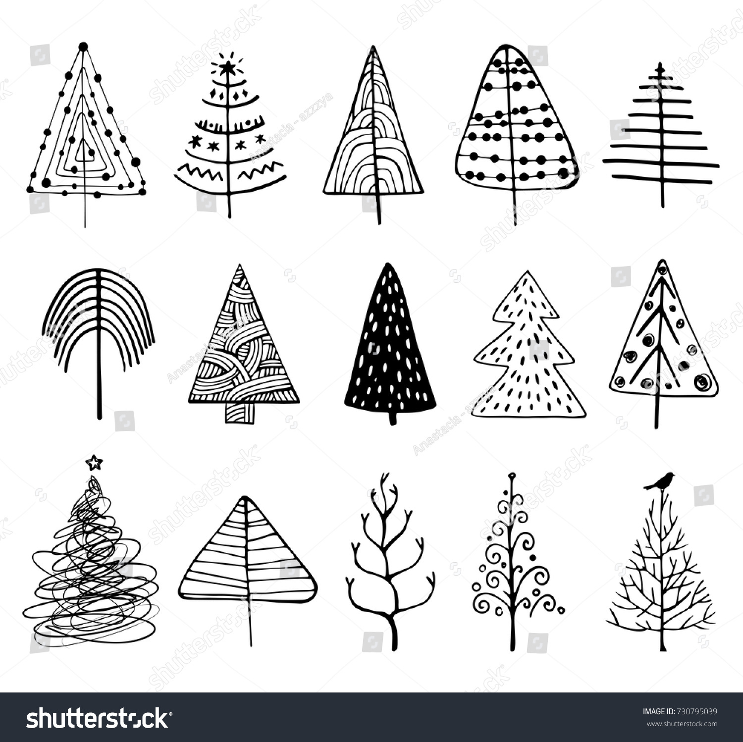 15 Designs Doodle Christmas Trees Create Stock Vector Royalty Free