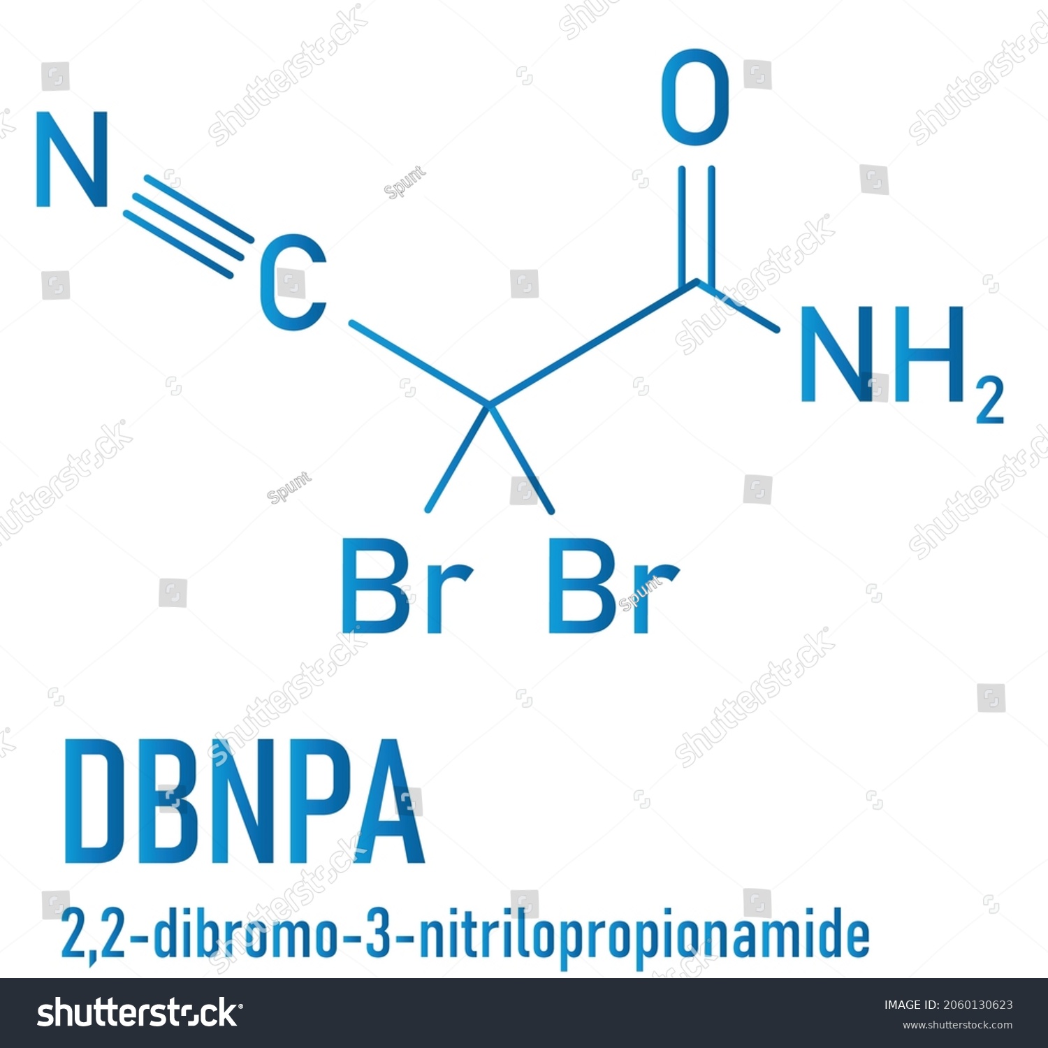 SVG of 2,2-dibromo-3-nitrilopropionamide (DBNPA) biocide molecule. Skeletal formula. svg