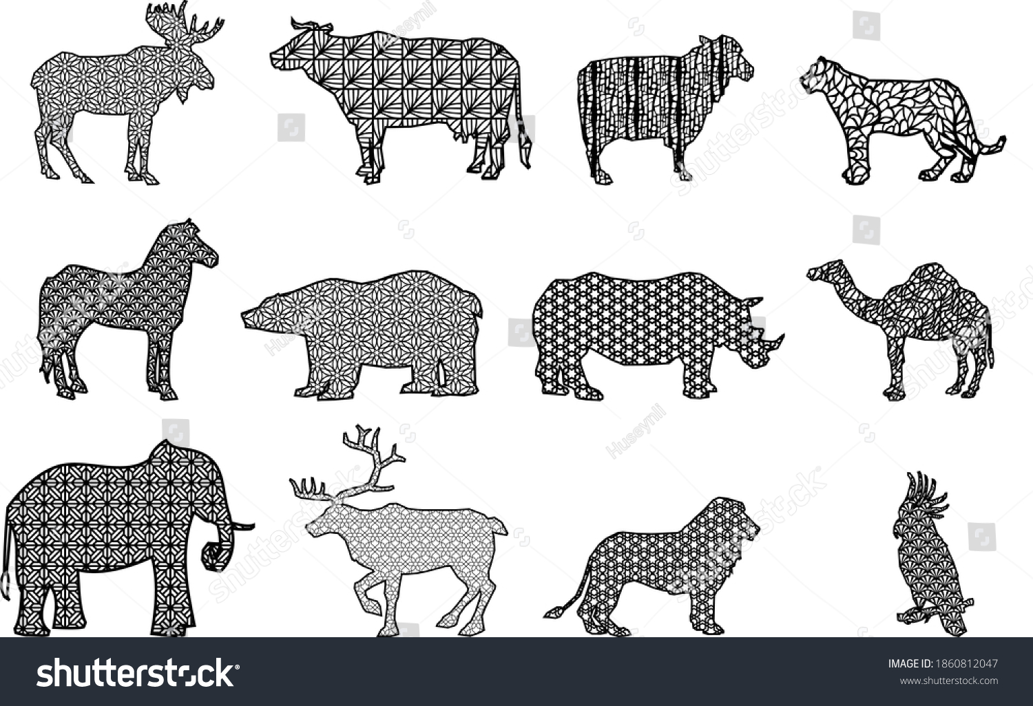 SVG of 12 Different Animal Silhouettes with geometric patterns | cnc file, laser cutting file | Dxf, Svg, Max, Cdr, Eps, FBX, AI, 3DS | Set 096 | svg