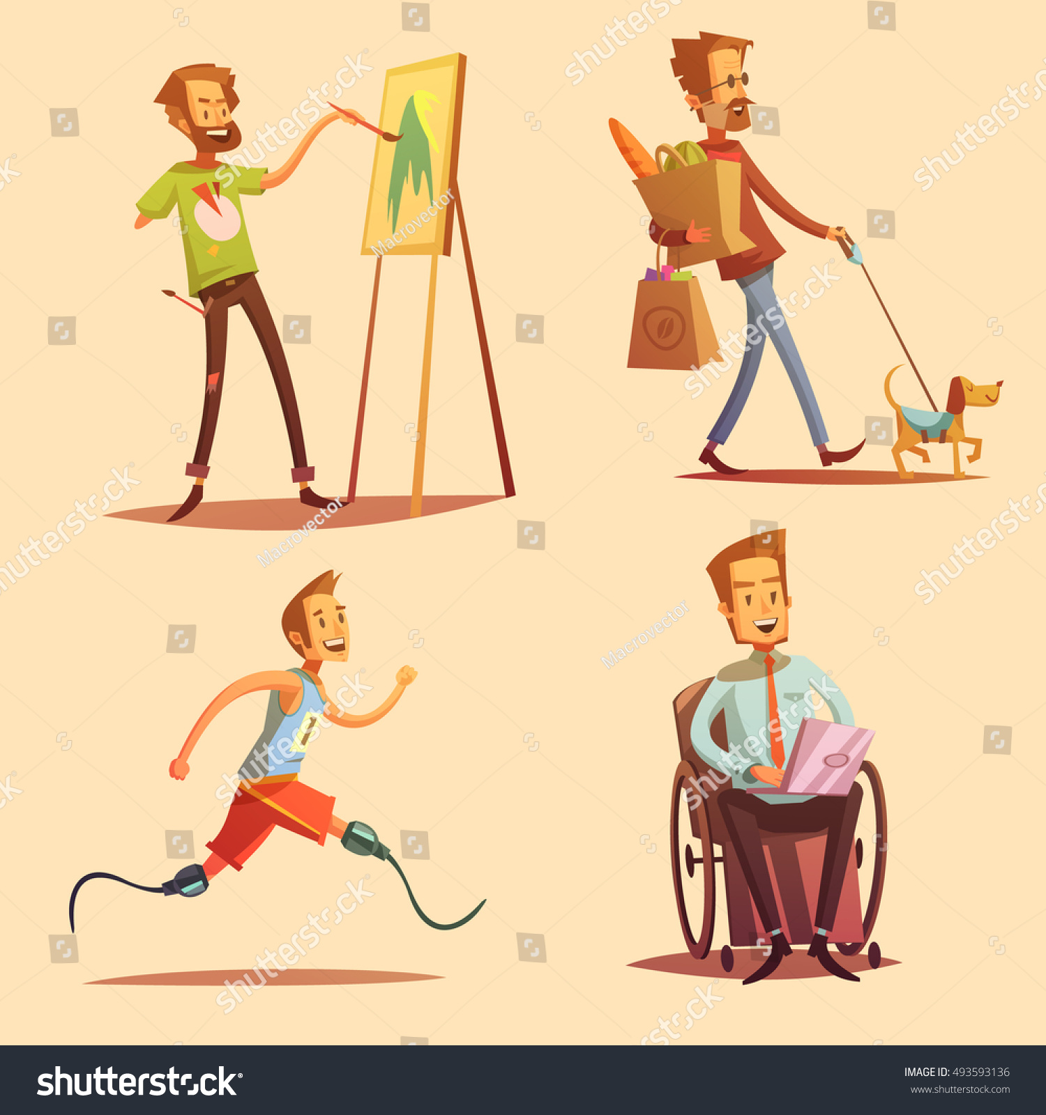 SVG of  Disabled people leading happy life retro cartoon 2x2 flat icons set isolated vector illustration svg