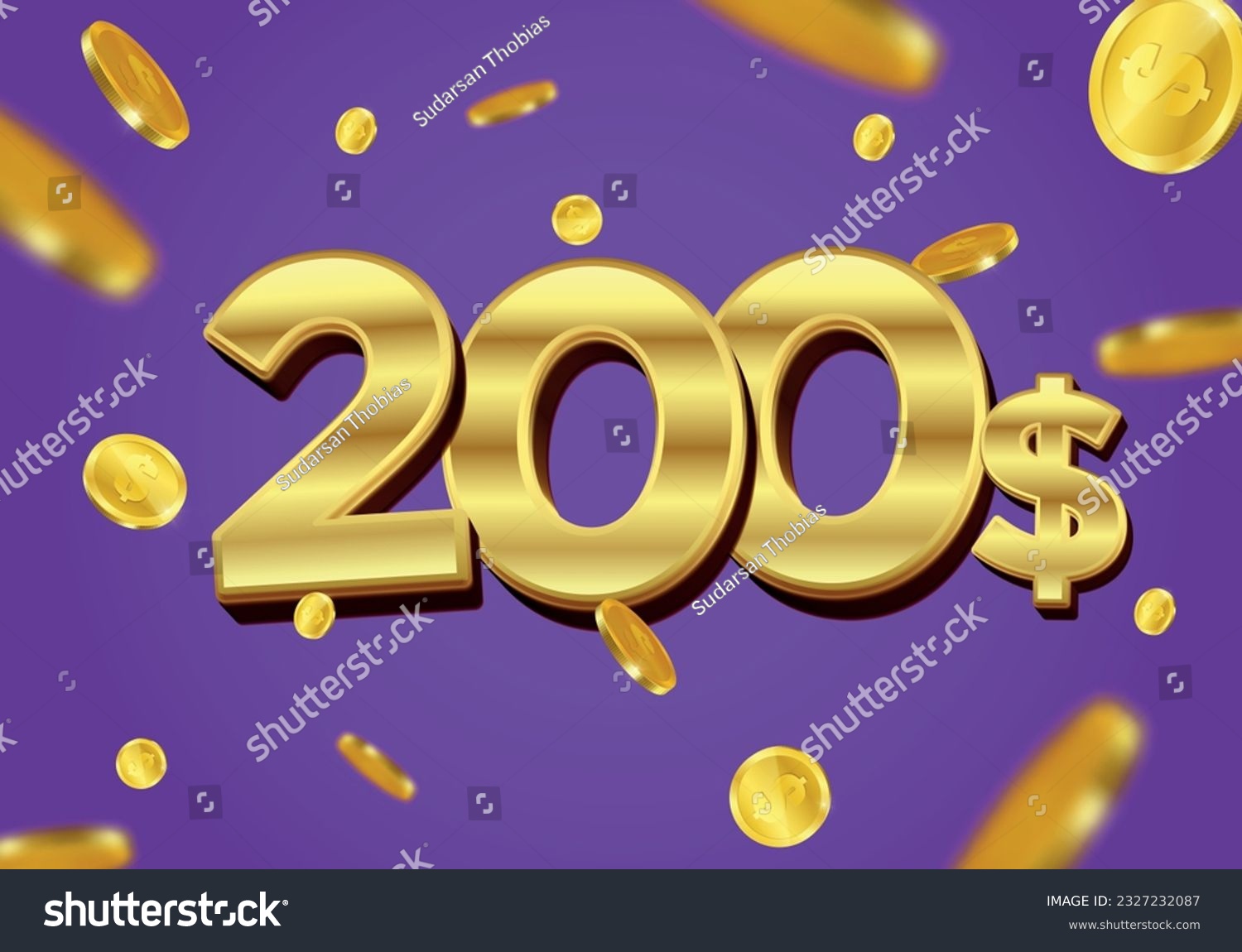 SVG of 200 Dollar gift or offer poster with flying gold coins. Two Hundred Dollars coupon voucher, cash back banner special offer, casino winner. Vector illustration. svg