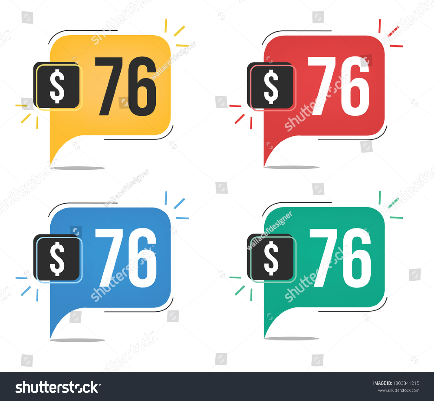 SVG of 76 dollar price. Yellow, red, blue and green currency tags with speech balloon concept vector. svg