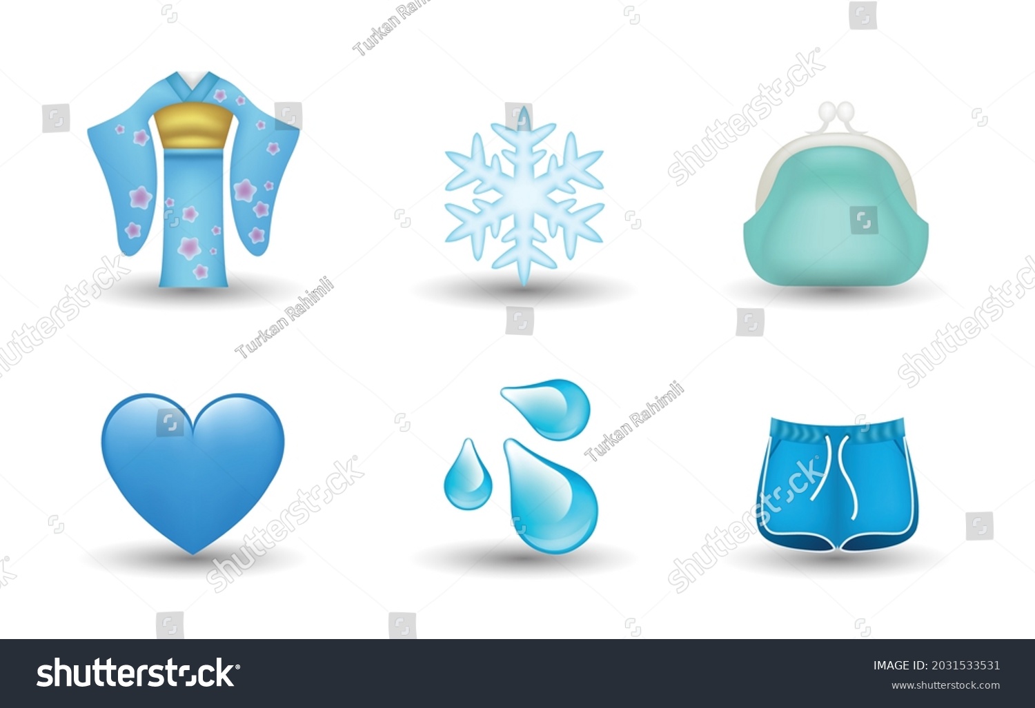 SVG of 6 Emoticon isolated on White Background. Isolated Vector Illustration. Dress, snowflake, purse, blue heart, water drop, shorts vector emoji Illustration. Set of 3d objects Illustration in blue color. svg