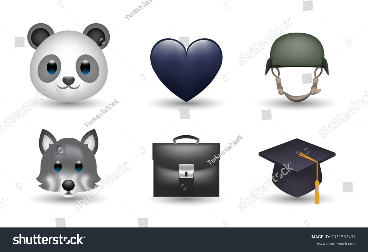 SVG of 6 Emoticon isolated on White Background. Isolated Vector Illustration. Panda, heart, helmet, wolf, briefcase, bachelor cap vector emoji Illustration. Set of 3d objects Illustration in black color svg